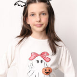 Beyaz  Sevimli Hayalet Baskılı Uzun Kollu Halloween Kız Çocuk Tişört