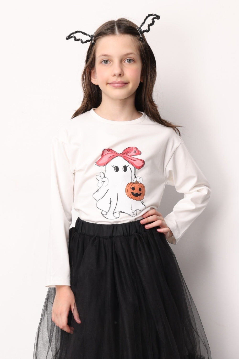 Beyaz Sevimli Hayalet Baskılı Halloween Kız Çocuk Tişört