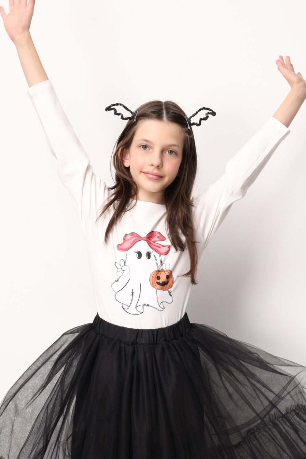 Beyaz Sevimli Hayalet Baskılı Halloween Kız Çocuk Tişört