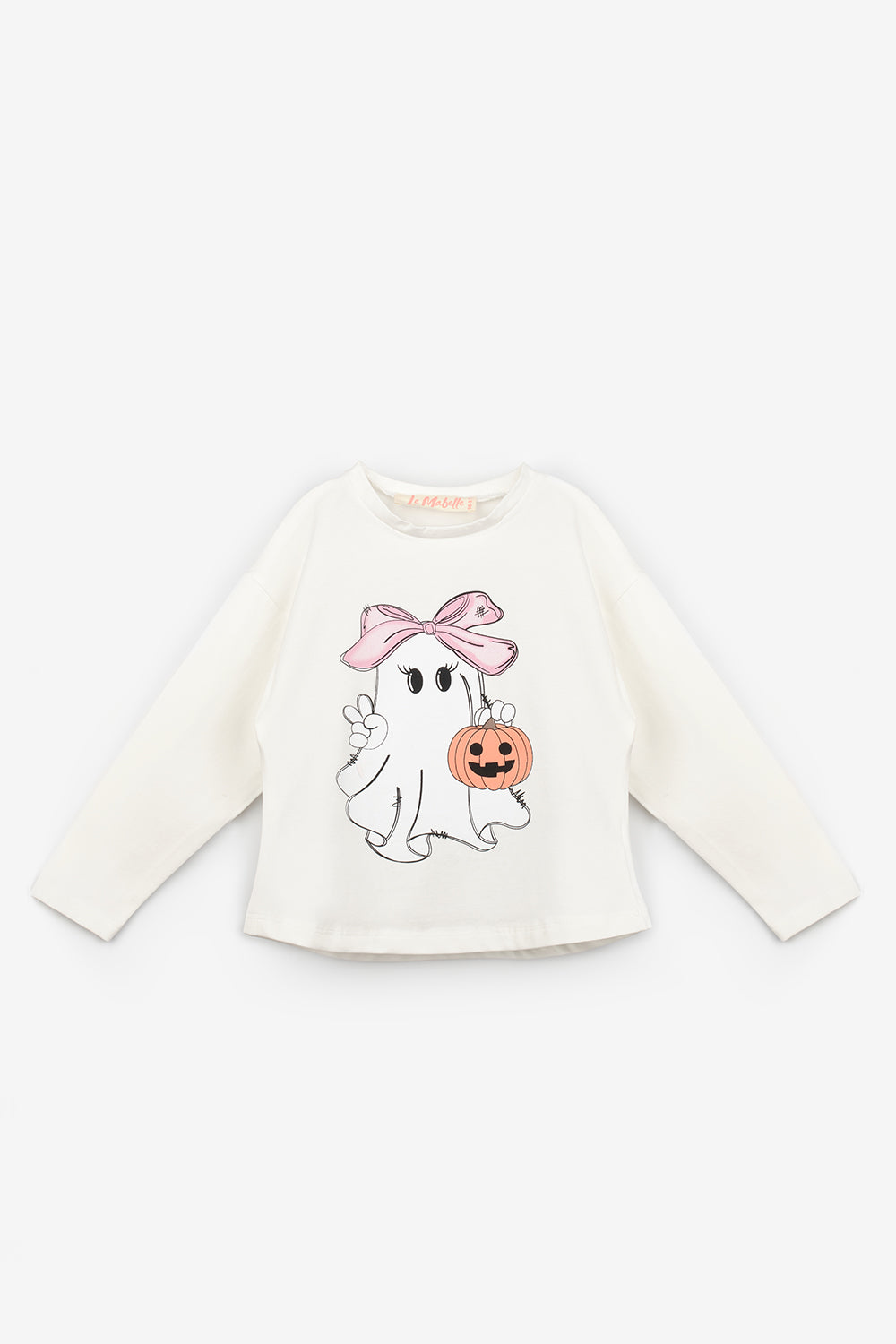 Beyaz  Sevimli Hayalet Baskılı Uzun Kollu Halloween Kız Çocuk Tişört
