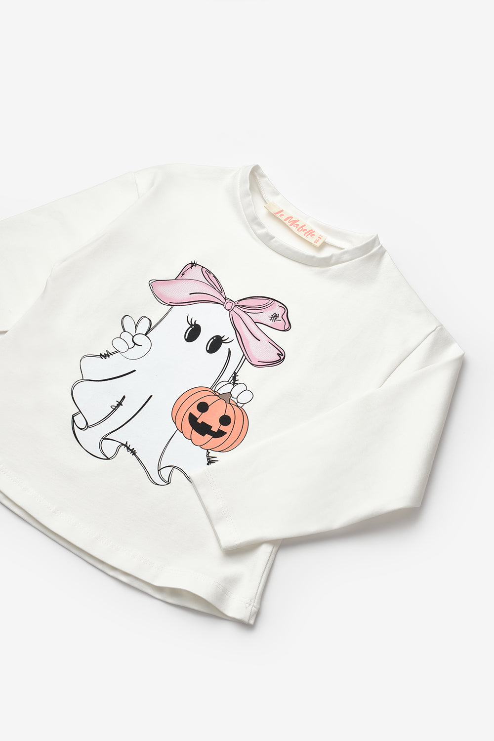 Beyaz  Sevimli Hayalet Baskılı Uzun Kollu Halloween Kız Çocuk Tişört