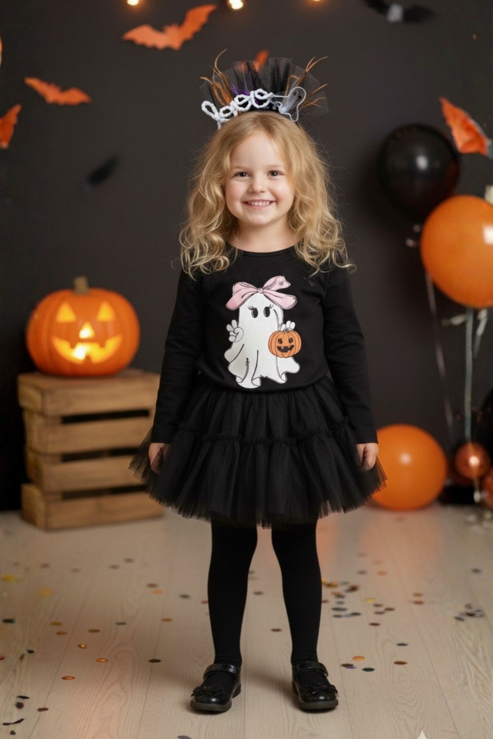Siyah  Sevimli Hayalet Baskılı Halloween Kız Çocuk Tişört