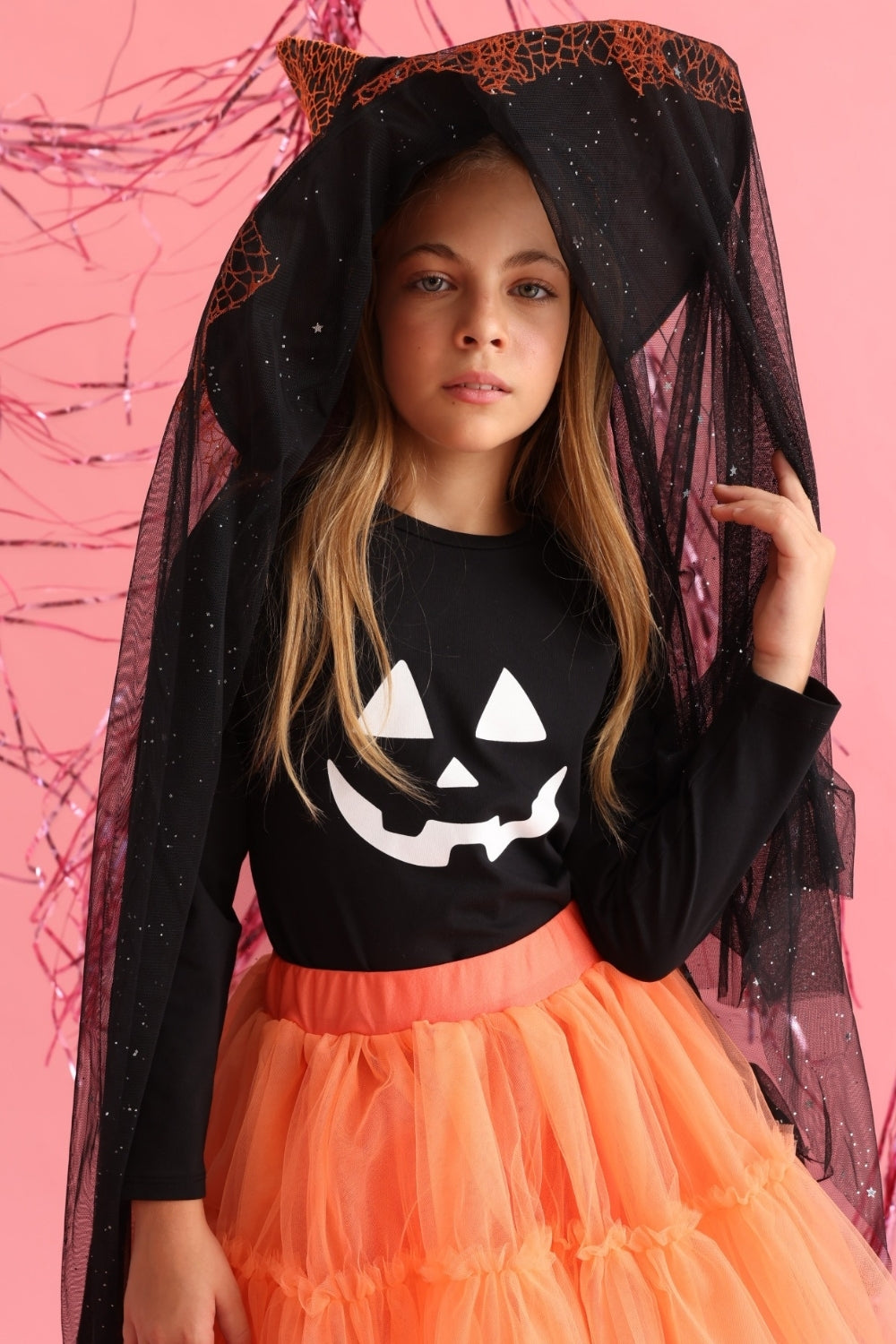 Siyah Bal Kabağı Baskılı Uzun Kollu Halloween Kız Çocuk Tişört