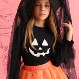 Siyah Bal Kabağı Baskılı Uzun Kollu Halloween Kız Çocuk Tişört