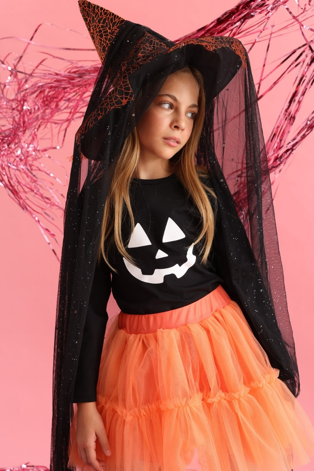 Siyah Bal Kabağı Baskılı Uzun Kollu Halloween Kız Çocuk Tişört