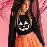 Siyah Bal Kabağı Baskılı Uzun Kollu Halloween Kız Çocuk Tişört