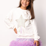 Beyaz  Yıldız Nakışlı Kurdele Detaylı Kız Çocuk Sweatshirt