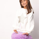 Beyaz  Yıldız Nakışlı Kurdele Detaylı Kız Çocuk Sweatshirt