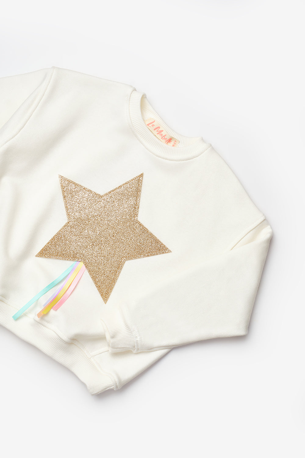 Beyaz  Yıldız Nakışlı Kurdele Detaylı Kız Çocuk Sweatshirt