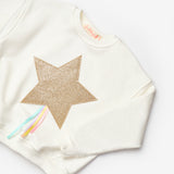 Beyaz  Yıldız Nakışlı Kurdele Detaylı Kız Çocuk Sweatshirt