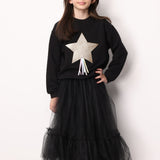 Black Star Embroidered Ribbon Detailed Girls' Sweatshirt