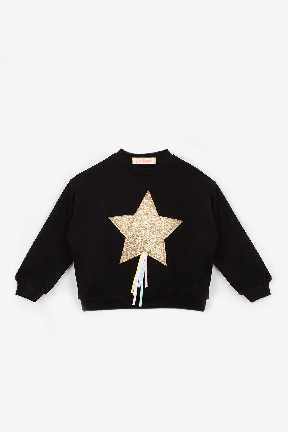 Siyah  Yıldız Nakışlı Kurdele Detaylı Kız Çocuk Sweatshirt