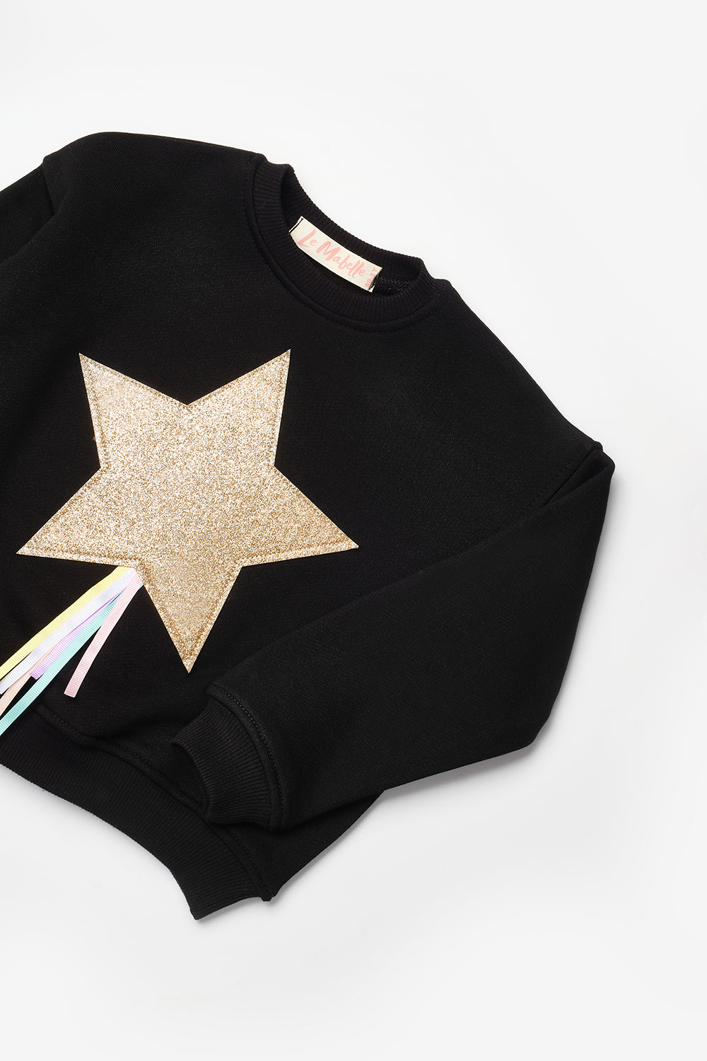 Siyah  Yıldız Nakışlı Kurdele Detaylı Kız Çocuk Sweatshirt