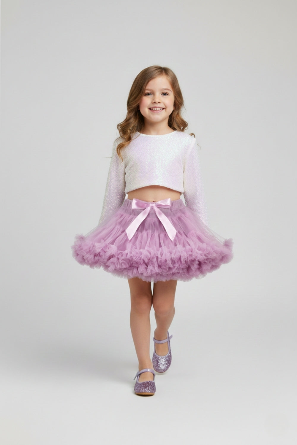 Beyaz  Uzun Kollu Pullu Kız Çocuk Crop Bluz