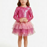 Fuşya Uzun Kollu Pullu Kız Çocuk Crop Bluz