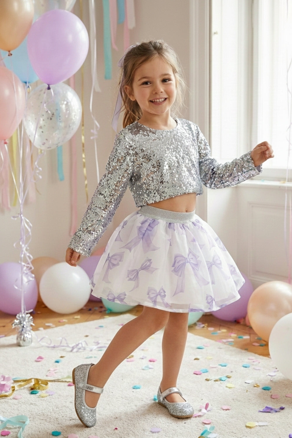 Gümüş  Uzun Kollu Pullu Kız Çocuk Crop Bluz