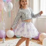 Gümüş  Uzun Kollu Pullu Kız Çocuk Crop Bluz