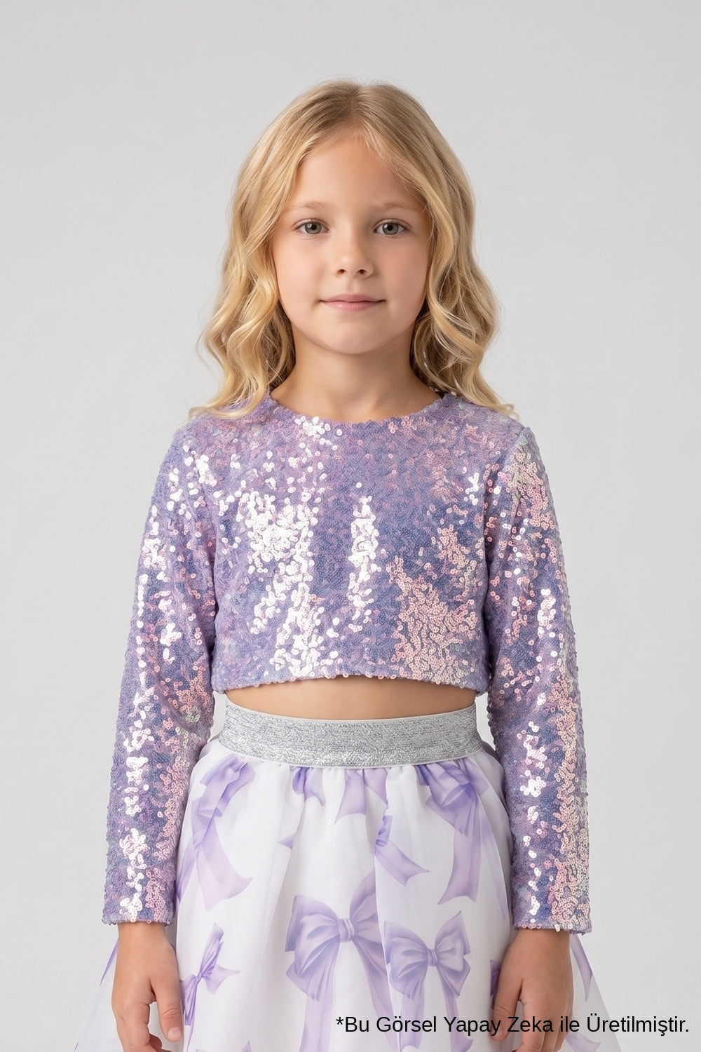 Lila  Uzun Kollu Pullu Kız Çocuk Crop Bluz