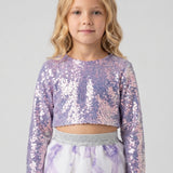 Lila  Uzun Kollu Pullu Kız Çocuk Crop Bluz