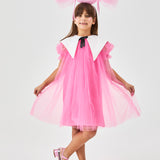 Fuşya Sivri Yakalı Kız Çocuk Tül Elbise - Nicole