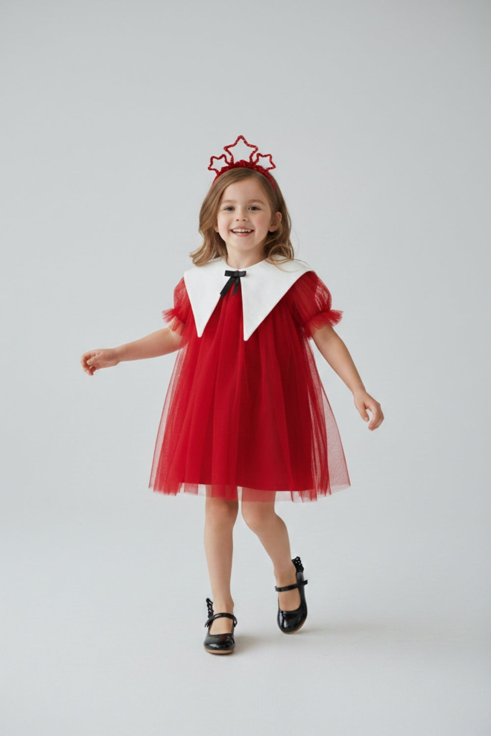 Kırmızı  Sivri Yakalı Kız Çocuk Tül Elbise - Nicole