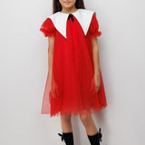 Kırmızı Sivri Yakalı Kız Çocuk Tül Elbise - Nicole