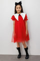 Kırmızı  Sivri Yakalı Kız Çocuk Tül Elbise - Nicole