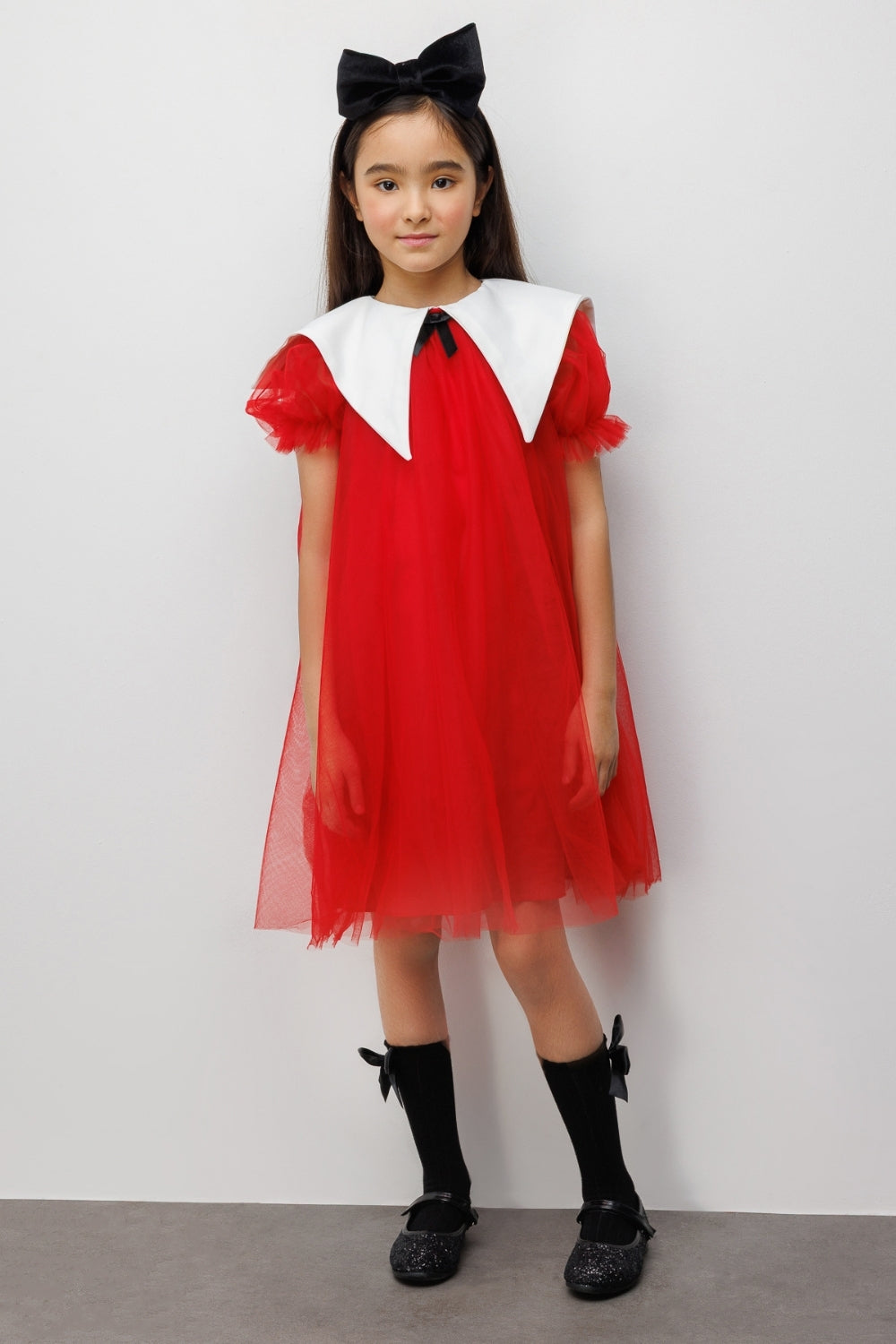 Kırmızı  Sivri Yakalı Kız Çocuk Tül Elbise - Nicole