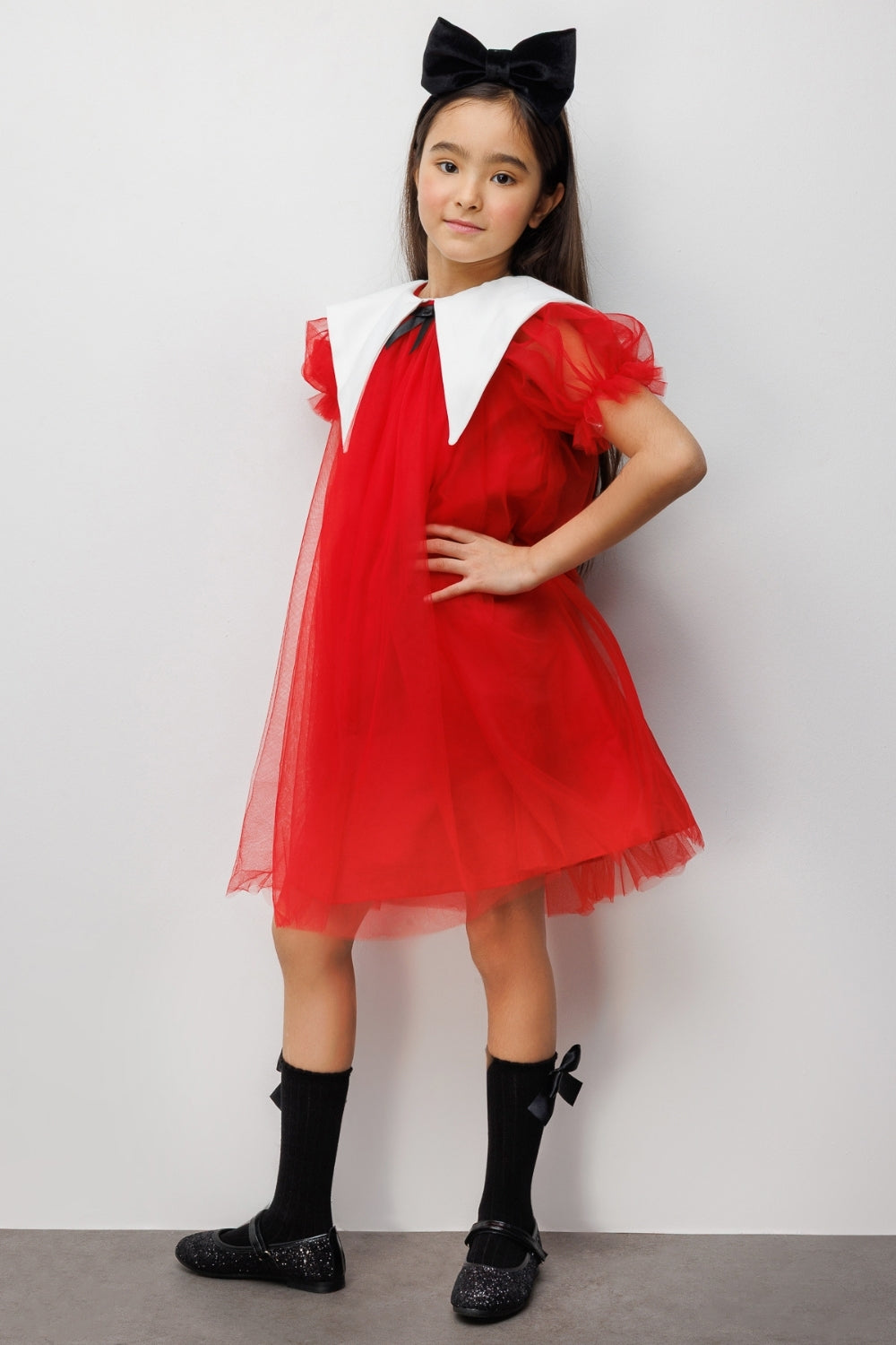 Kırmızı  Sivri Yakalı Kız Çocuk Tül Elbise - Nicole