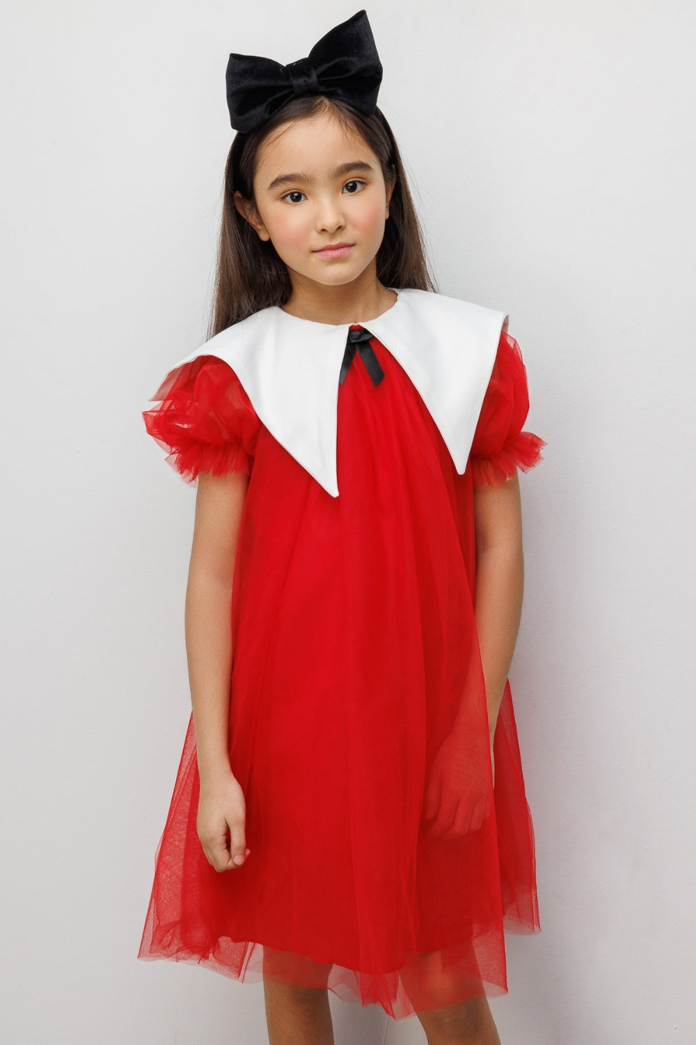 Kırmızı  Sivri Yakalı Kız Çocuk Tül Elbise - Nicole