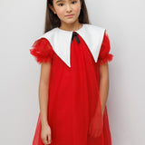 Kırmızı  Sivri Yakalı Kız Çocuk Tül Elbise - Nicole