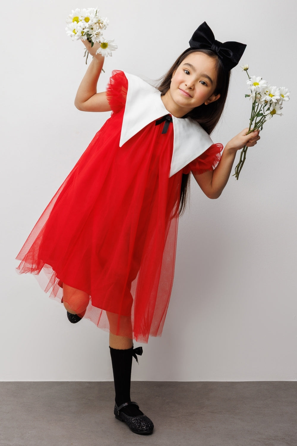 Kırmızı  Sivri Yakalı Kız Çocuk Tül Elbise - Nicole