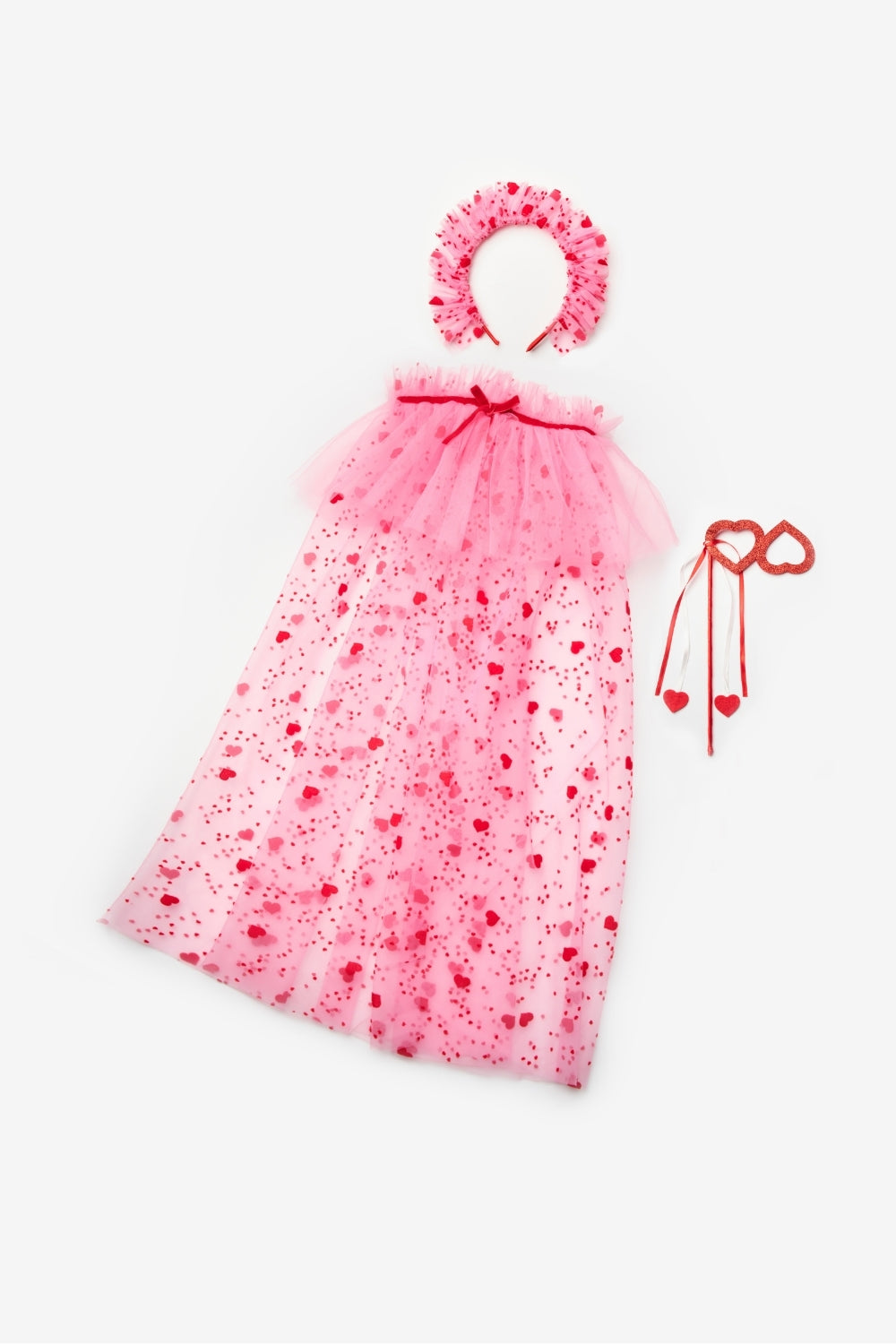 Pembe  Flok Kalp Baskılı Kız Çocuk Pelerin Asa ve Taç Set