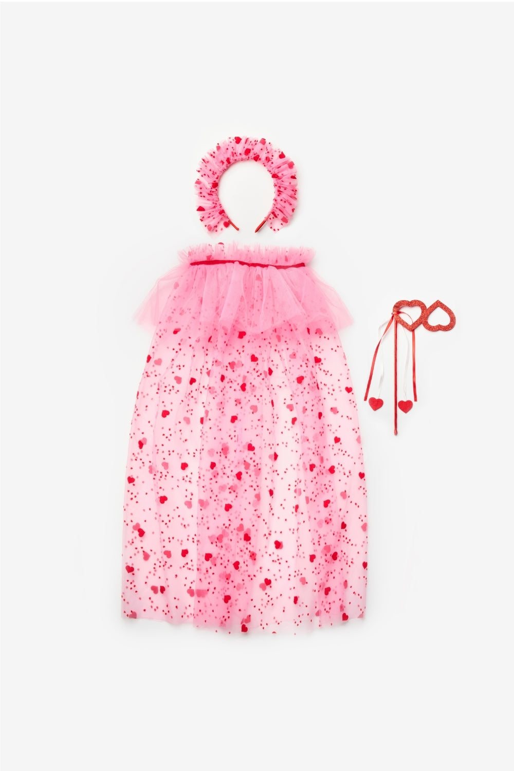 Pembe  Flok Kalp Baskılı Kız Çocuk Pelerin Asa ve Taç Set