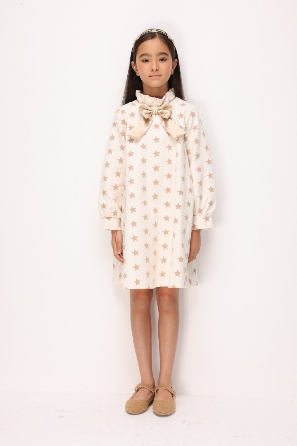 Bej  Yıldız Desenli Kız Çocuk Gabardin Elbise - Poppy