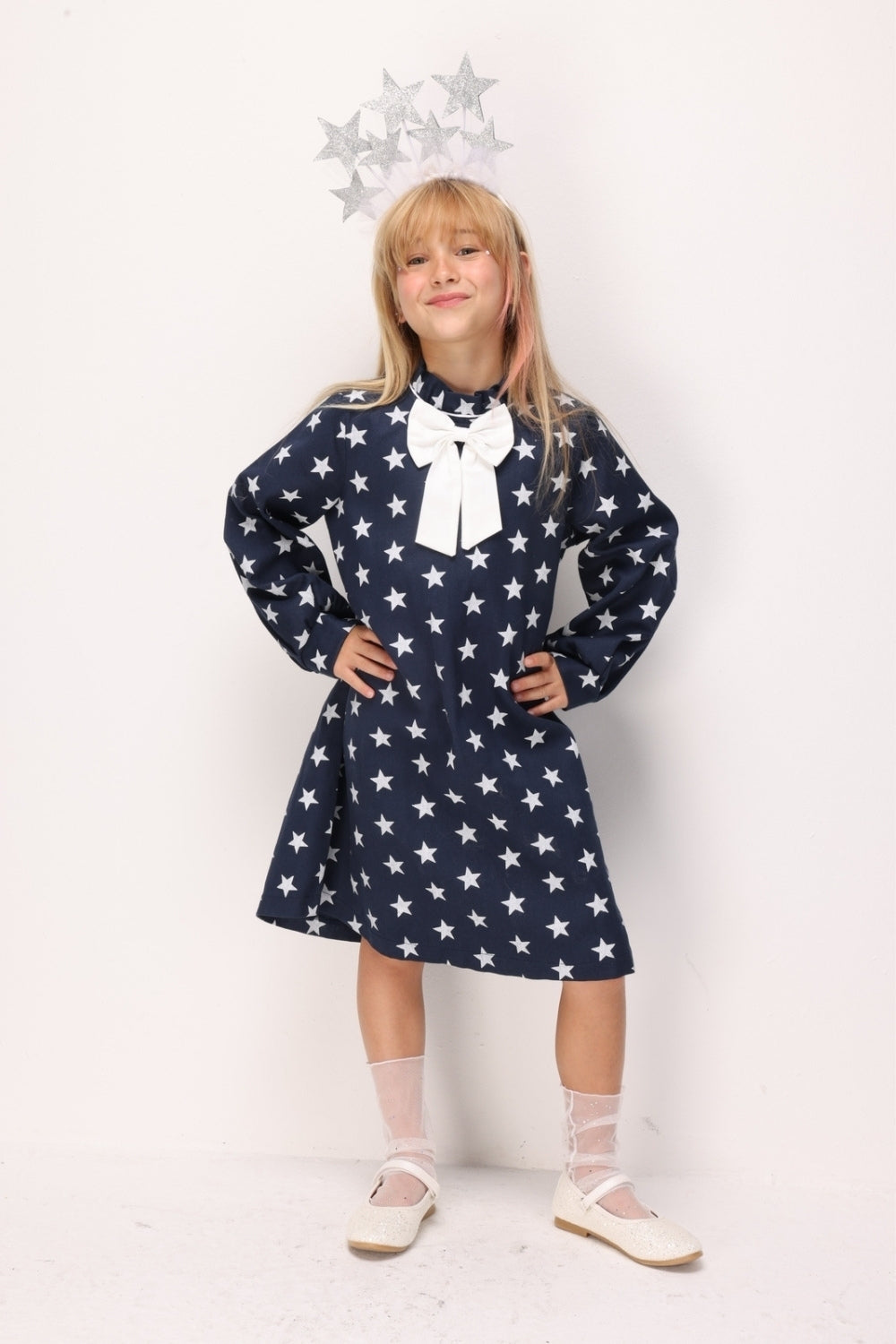 Lacivert  Yıldız Desenli Kız Çocuk Gabardin Elbise - Poppy