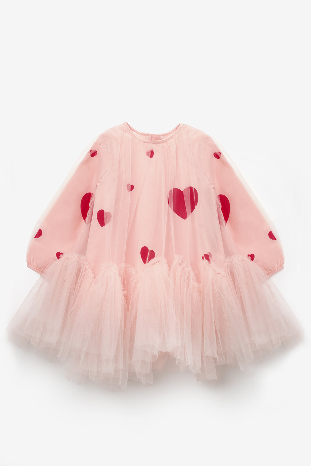 Pembe  Kalp Baskılı Tül Detaylı Kız Çocuk Elbise - Heather