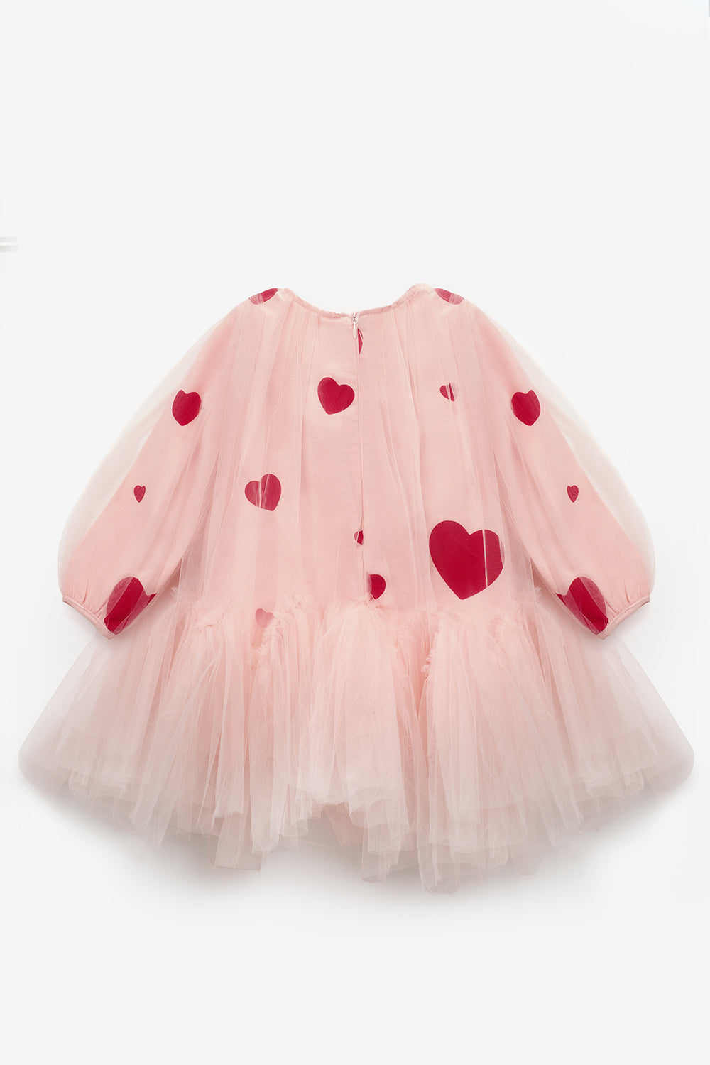 Pembe  Kalp Baskılı Tül Detaylı Kız Çocuk Elbise - Heather