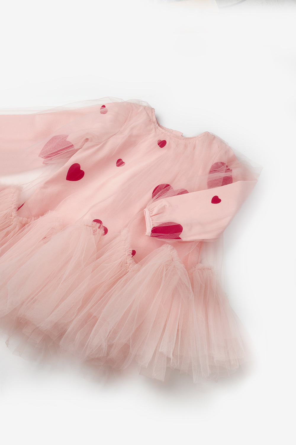 Pembe  Kalp Baskılı Tül Detaylı Kız Çocuk Elbise - Heather