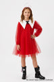 Red Pointed Collar Long Sleeve Girls' Tulle Dress - Kayla