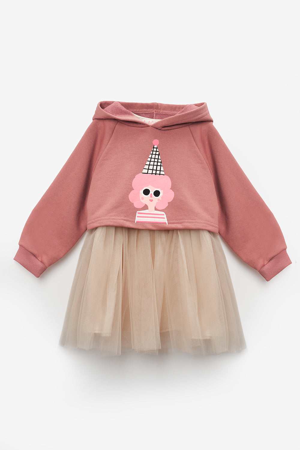 Pudra  Baskılı Kız Çocuk Kapüşonlu Sweatshirt ve Elbise Takım - Fawn