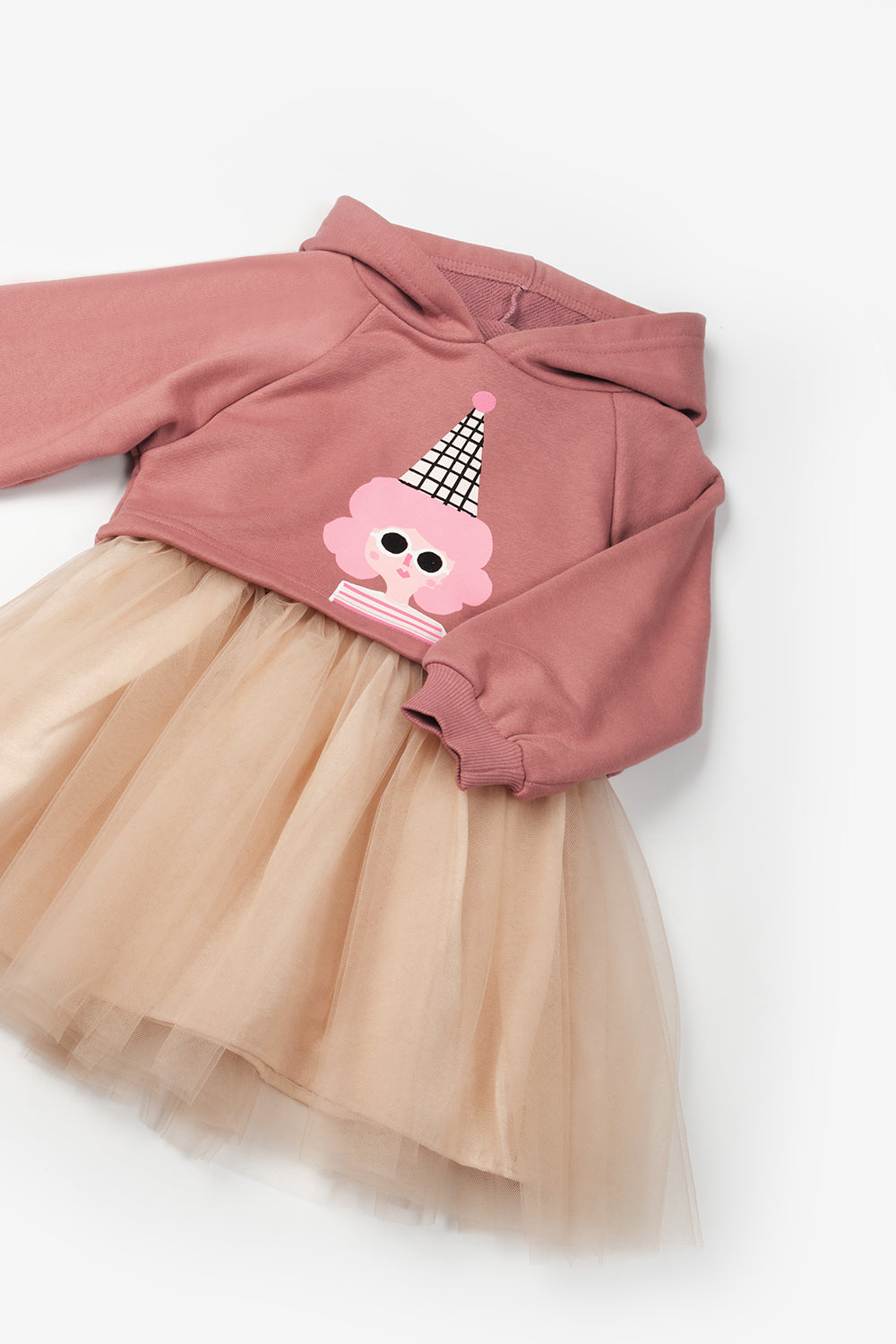 Pudra  Baskılı Kız Çocuk Kapüşonlu Sweatshirt ve Elbise Takım - Fawn