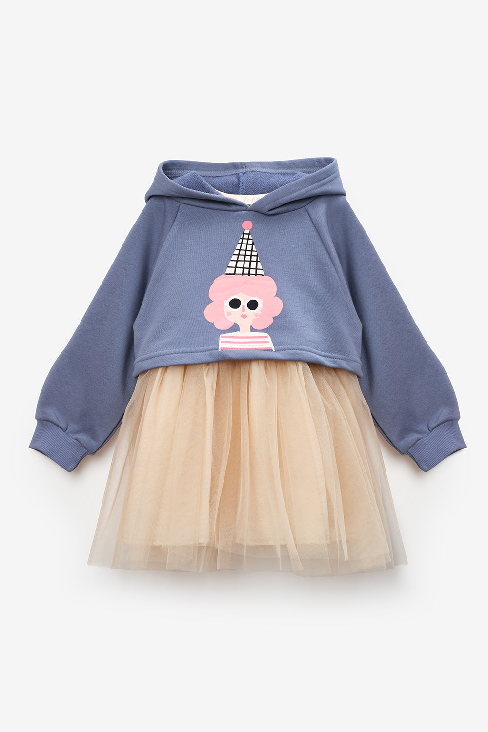 İndigo  Baskılı Kız Çocuk Kapüşonlu Sweatshirt ve Elbise Takım - Fawn