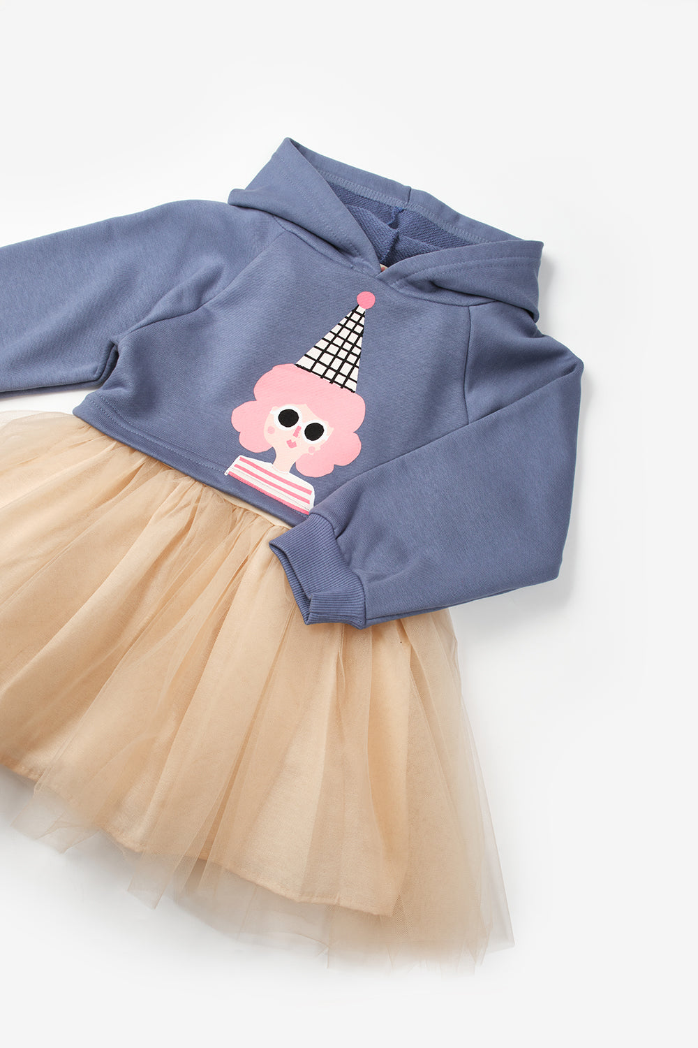 İndigo  Baskılı Kız Çocuk Kapüşonlu Sweatshirt ve Elbise Takım - Fawn