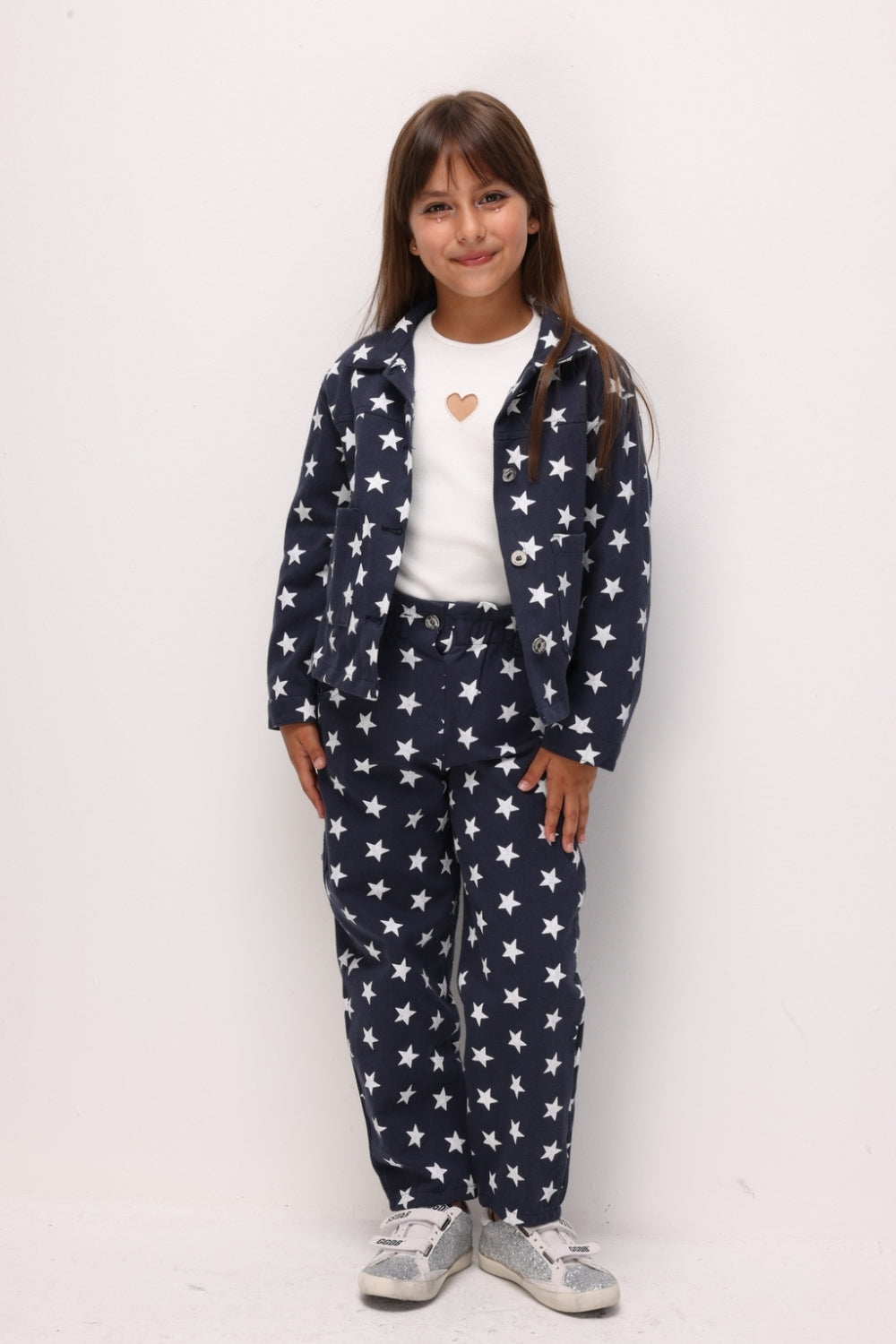 Lacivert Yıldız Desenli Kız Çocuk Gabardin Pantolon - Prunella