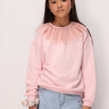 Pembe  Tül Yaka Detaylı Kız Çocuk Sweatshirt - Zora