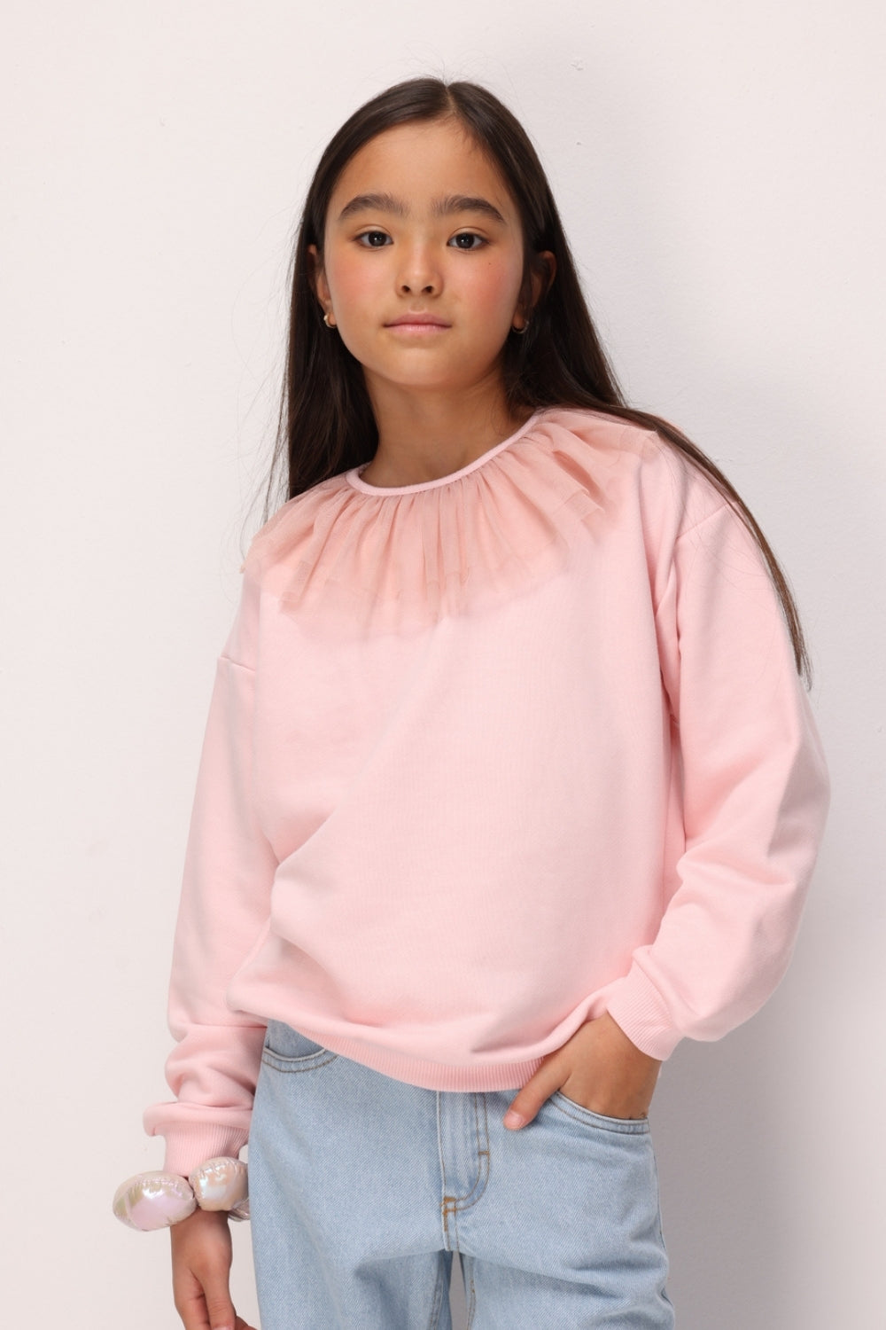 Pembe  Tül Yaka Detaylı Kız Çocuk Sweatshirt - Zora