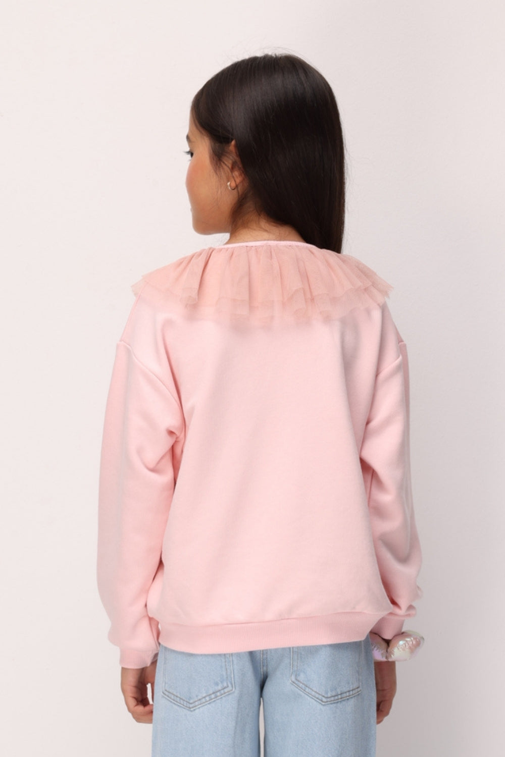Pembe  Tül Yaka Detaylı Kız Çocuk Sweatshirt - Zora