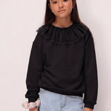 Siyah  Tül Yaka Detaylı Kız Çocuk Sweatshirt - Zora