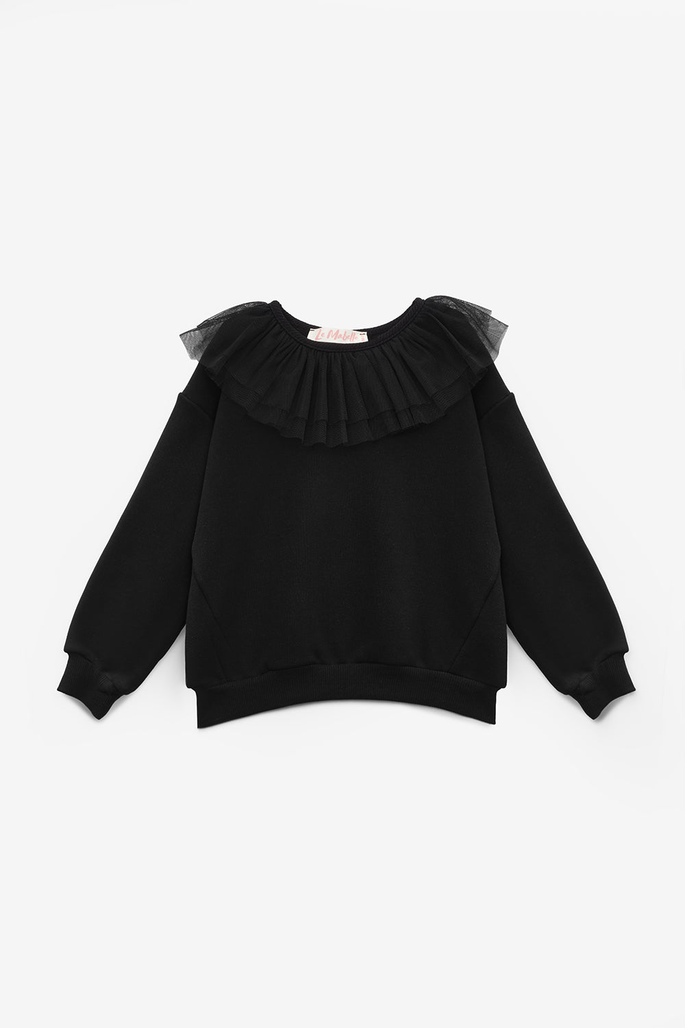 Siyah  Tül Yaka Detaylı Uzun Kollu Kız Çocuk Sweatshirt - Zora